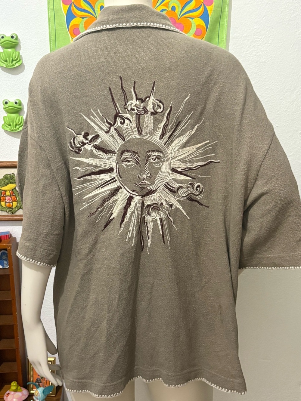 Zara Oversized Sun Celestial Embroidered Knit Short Sleeve Button Down